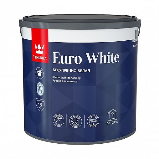 Краска для потолков Tikkurila Euro White (Евро Вайт), 9 л, белый фото