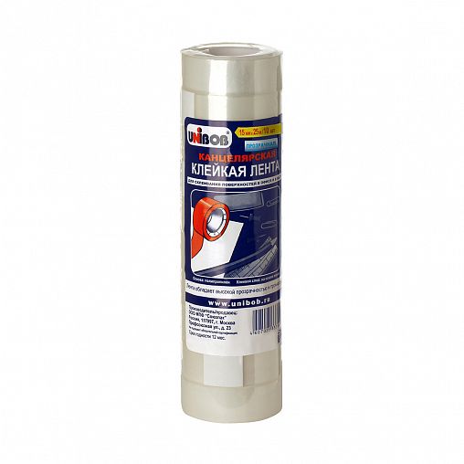 Скотч канцелярский Unibob, 15 мм x 25 м, прозрачный, 10 шт фото