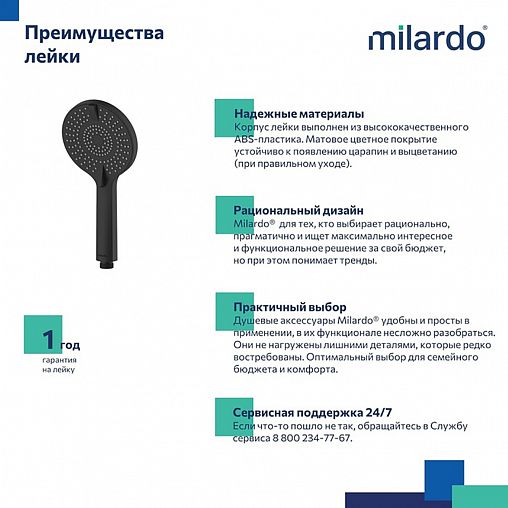 Лейка для душа Milardo Rora, 4 режима, черная матовая фото