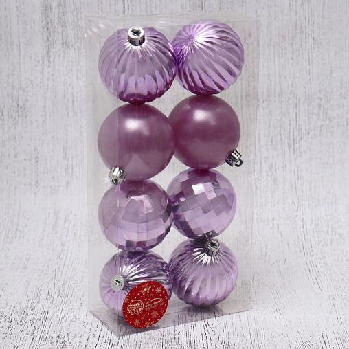 Набор елочных шаров Зимнее волшебство Диско ассорти полоски, d 7 см, 8 шт, сиреневый фото