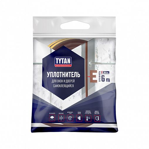 Уплотнитель для окон E-профиль Tytan Professional, 9 x 4 мм, 6 м, коричневый фото