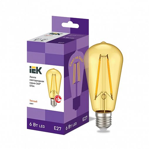 Лампа светодиодная LED IEK Ретро золото, серия 360°, E27, ST64, 6 Вт, 2700 K, теплый свет фото