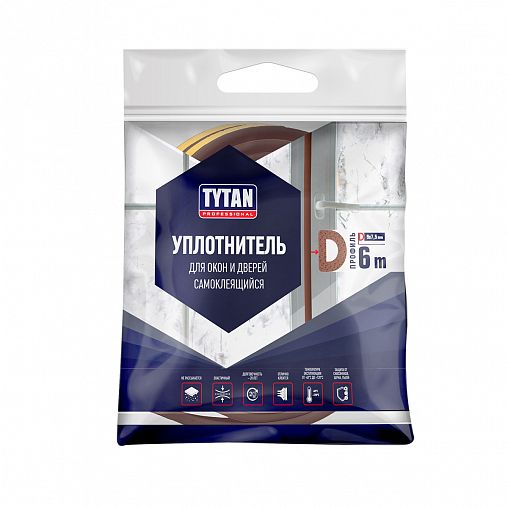 Уплотнитель для окон D-профиль Tytan Professional, 9 x 7,5 мм, 6 м, коричневый фото