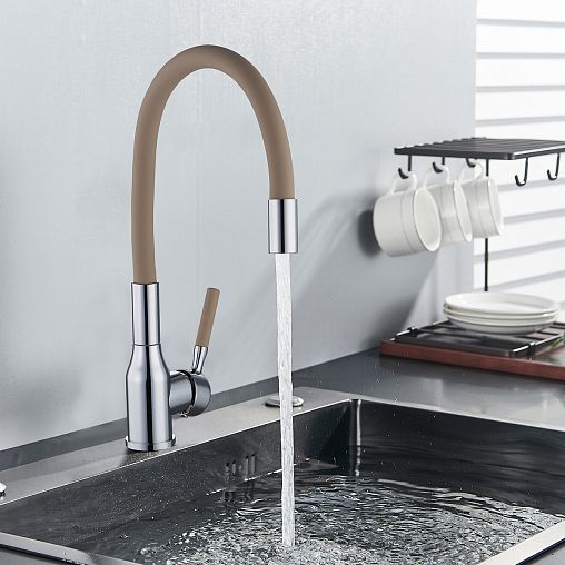 Смеситель для кухни PLStart PG54022B22, с гибким изливом, хром/бежевый фото
