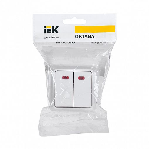 Выключатель двухклавишный накладной IEK Октава ВС20-2-1-ОБ, с подсветкой, 10 А, белый фото