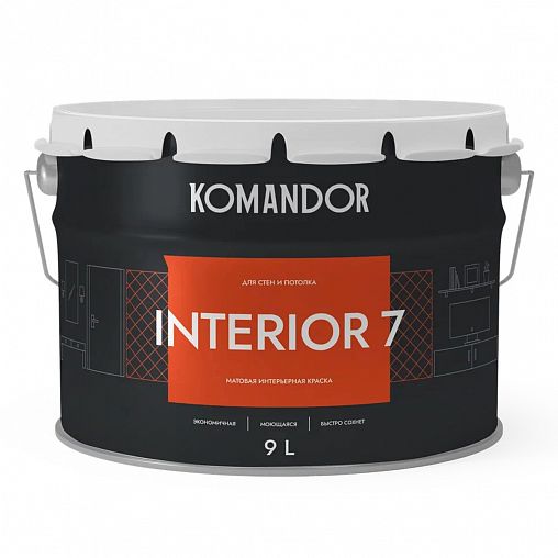 Краска для стен и потолков Komandor Interior 7, матовая, база А, белая, 9 л фото