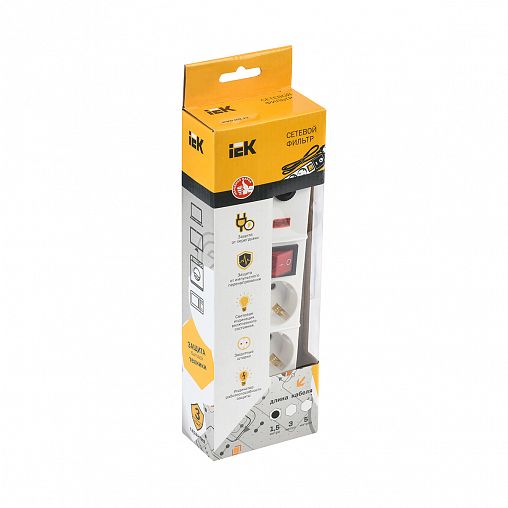 Сетевой фильтр IEK СФ-03К-выкл, 3,5 кВт, 16 А, с заземлением, с кнопкой, 3 розетки, 1,5 м, белый фото