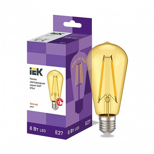 Лампа светодиодная LED IEK Золото, серия 360°, E27, ST64, 8 Вт, 2700 K, теплый свет фото