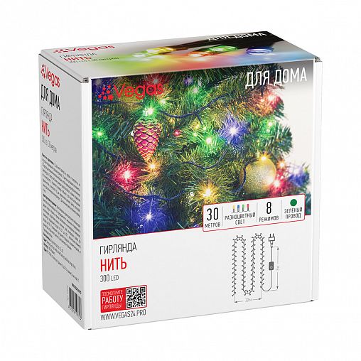 Электрогирлянда Vegas Нить, 300 LED ламп, 8 режимов, 30 м, многоцветная фото