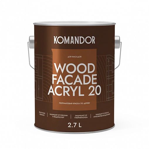 Краска для деревянных фасадов Komandor Wood Facade Acryl 20, полуматовая, база C, бесцветная, 2,7 л фото