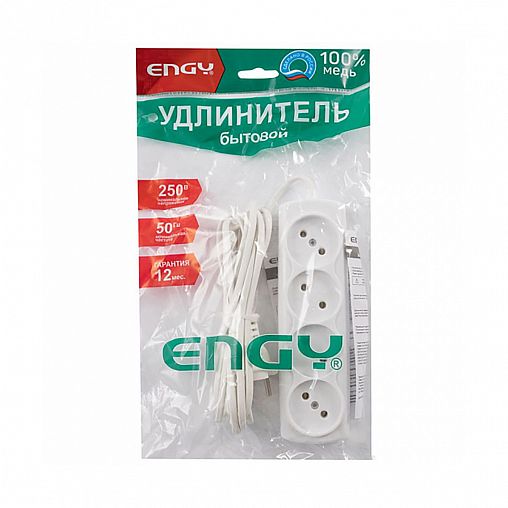 Удлинитель Engy Эконом, ШВВП 2 x 0,75 мм, 4 розетки, 3 м, белый фото