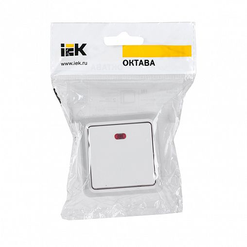 Выключатель одноклавишный накладной IEK Октава ВС20-1-1-ОБ, с подсветкой, 10 А, белый фото