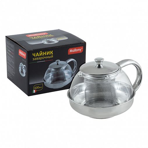 Чайник заварочный Mallony Menta-600, стеклянный, фильтр-нержавейка, 0,6 л фото