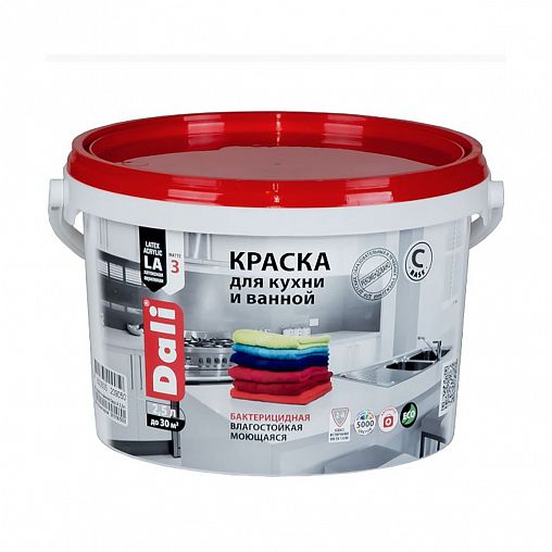Краска для кухни и ванной Dali, латексная, глубокоматовая, база C, бесцветная, 2,5 л фото