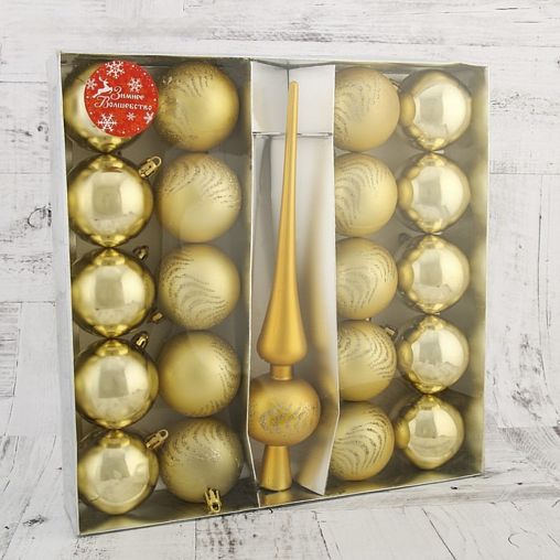 Набор елочных украшений Зимнее волшебство Изгибы, с верхушкой, 21 шт, золото фото