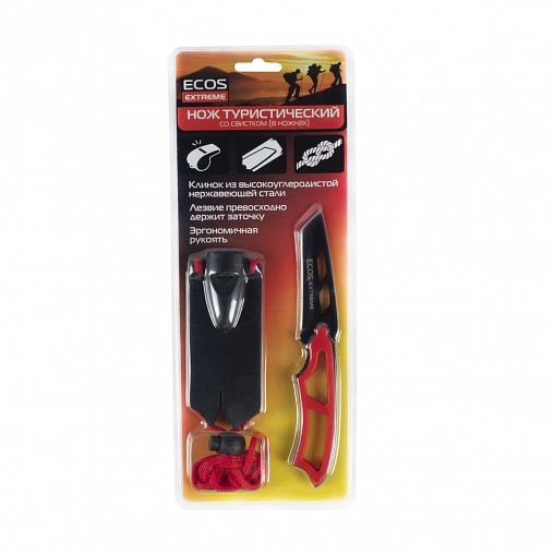 Нож туристический Ecos EX-SW-B01R со свистком в ножнах красный фото Нож туристический Ecos EX-SW-B01R со свистком в ножнах красный фото