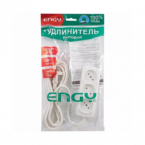 Удлинитель Engy Премиум, ПВС 2 x 0,75 мм, 3 розетки, 3 м, белый фото