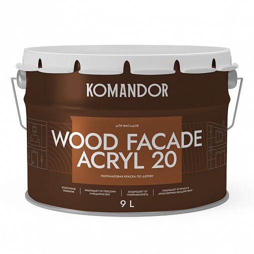 Краска для деревянных фасадов Komandor Wood Facade Acryl 20, полуматовая, база C, бесцветная, 9 л фото