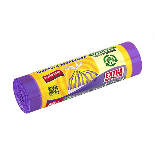 Мешки для мусора Avikomp Prestige «Полосатики», с завязками, 60 л, рулон 10 шт, желто-фиолетовые фото