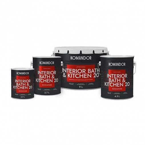 Краска интерьерная влагостойкая Komandor Interior Bath&Kitchen 20, база С, бесцветная, 0,9 л фото