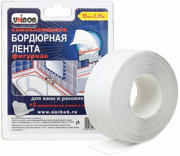 Самоклеящаяся бордюрная лента для ванн Unibob, фигурная, 38 мм x 3,35 м, белая фото