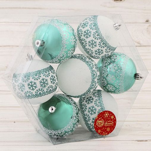 Набор елочных шаров Зимнее волшебство Изумрудик - снежный орнамент, d 8 см, 7 шт, изумрудно-белый фото