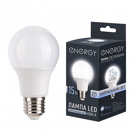 Лампа светодиодная матовая Energy, E27, груша, 15 Вт, 4000 K, нейтральный свет фото