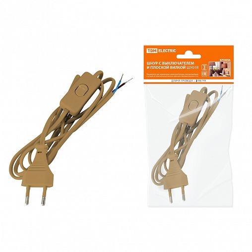Шнур Tdm Electric ШУ01В ШВВП, с выключателем и вилкой, 2 x 0,75 мм², 2 м, бронза фото