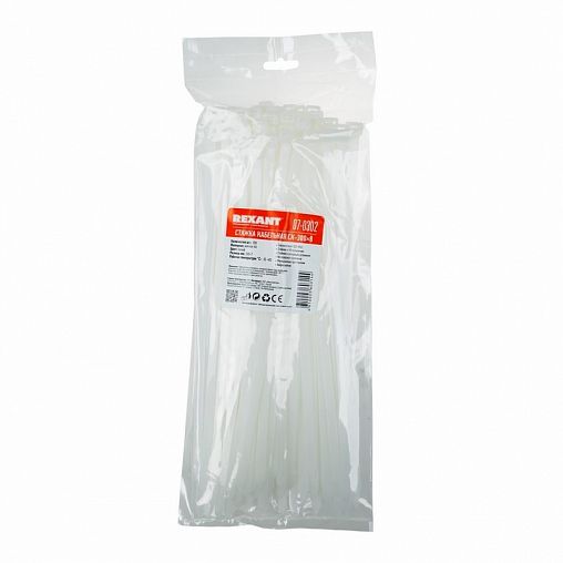 Хомут-стяжка Rexant, нейлон, 7,6 x 300 мм, 100 шт, белый фото