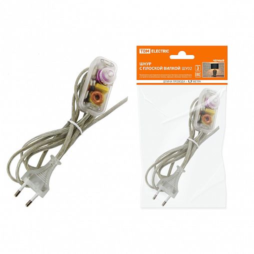 Шнур Tdm Electric ШВВП, с светорегулятором и плоской вилкой, 2 x 0,75 мм², 2 м, прозрачный фото