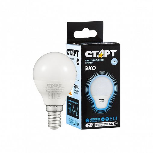 Лампа светодиодная LED Старт ECO Шар, E14, 7 Вт, 4000 K, холодный свет фото