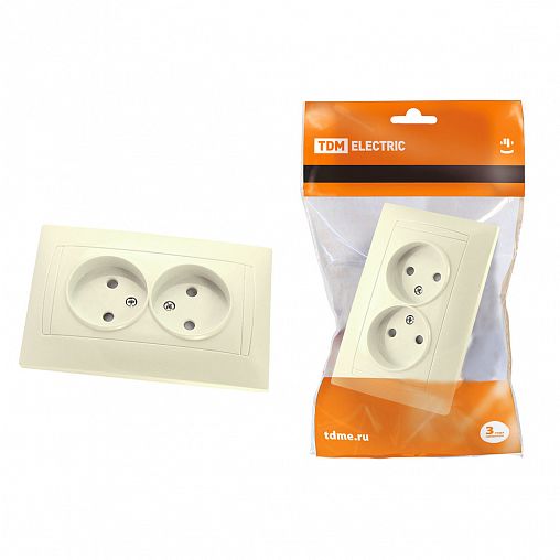Розетка двойная встраиваемая Tdm Electric Лама, с з/ш, без заземления, 10 А, слоновая кость фото
