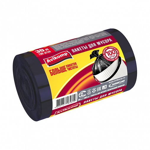 Мешки для мусора Avikomp Professional, 7 мкм, 30 л, рулон 100 шт, черные фото