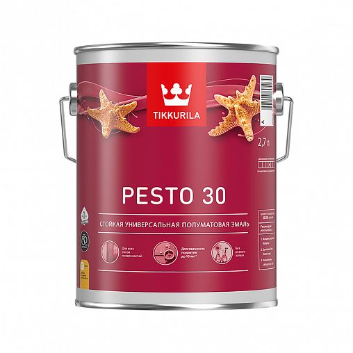 Эмаль алкидная стойкая полуматовая Tikkurila Pesto 30 (Песто 30), 2,7 л, база А, белая фото