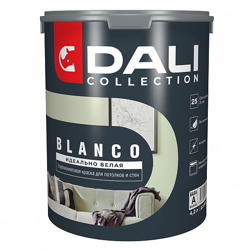 Краска для стен и потолков Dali Collection Blanco, глубокоматовая, база А, белая, 4,2 л фото