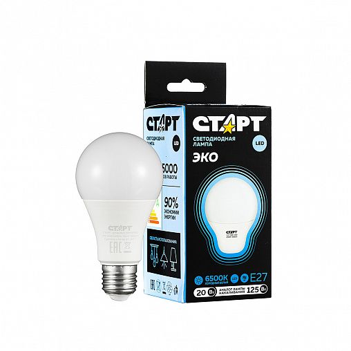 Лампа светодиодная LED Старт ECO Груша, E27, 20 Вт, 6500 K, холодный белый свет фото