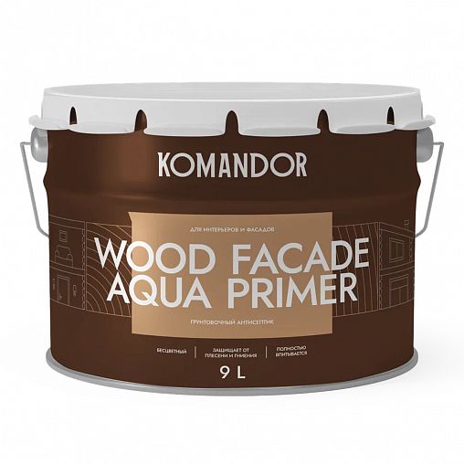 Грунт-антисептик для дерева Komandor Wood Facade Aqua Primer, 9 л фото