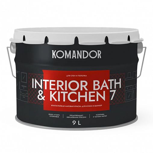 Краска интерьерная влагостойкая Komandor Interior Bath&Kitchen 7, матовая, база А, белая, 9 л фото