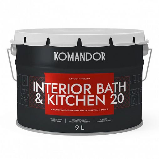 Краска интерьерная влагостойкая Komandor Interior Bath&Kitchen 20, база С, бесцветная, 9 л фото