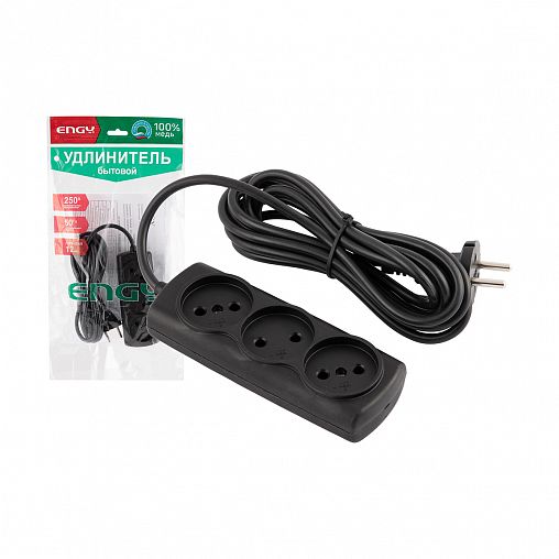 Удлинитель Engy Премиум, ПВС 2 x 0,75 мм, 3 розетки, 3 м, черный фото