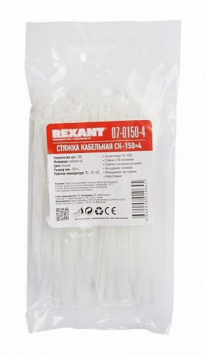 Хомут-стяжка Rexant, нейлон, 3,6 x 150 мм, 100 шт, белый фото