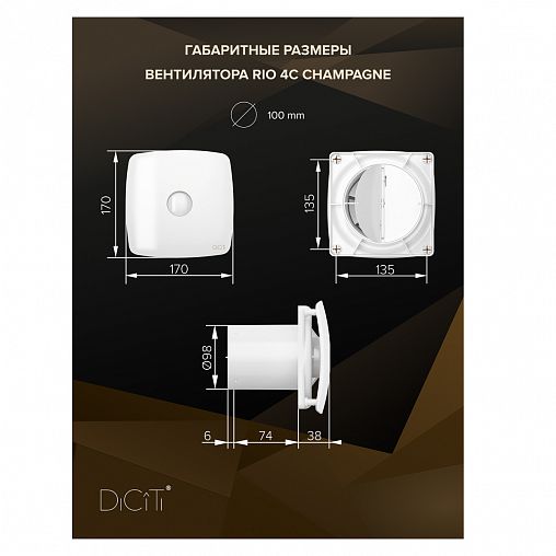 Вентилятор осевой вытяжной DiCiTi Rio 4C Champagne D100, с обратным клапаном фото
