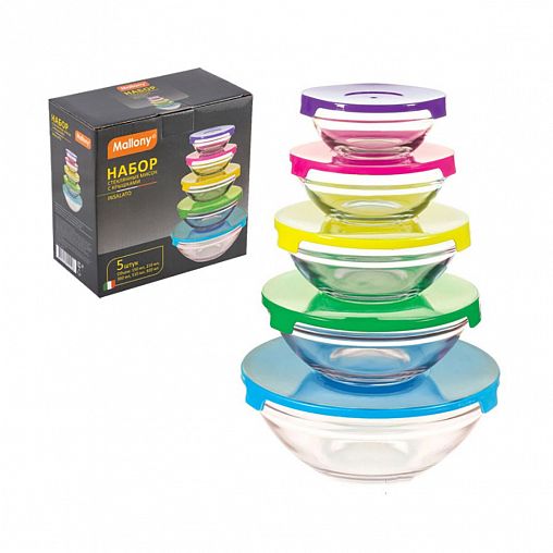 Набор стеклянных салатников Mallony Insalato, крышки, 5 шт (150 мл, 210 мл, 360 мл, 510 мл, 920 мл) фото
