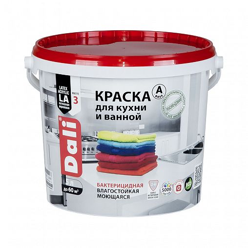 Краска для кухни и ванной Dali, латексная, глубокоматовая, база A, супербелая, 5 л фото