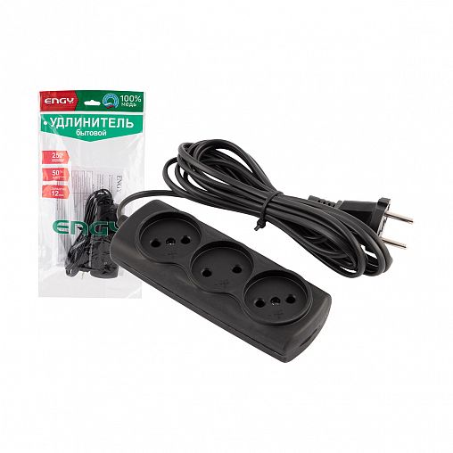 Удлинитель Engy Эконом, ШВВП 2 x 0,75 мм, 3 розетки, 3 м, черный фото