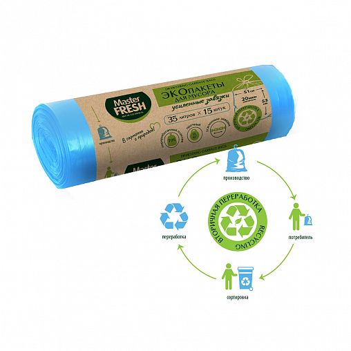 Экопакеты для мусора Master Fresh, с усиленными завязками, 20 мкм, 35 л, 15 шт, голубые фото