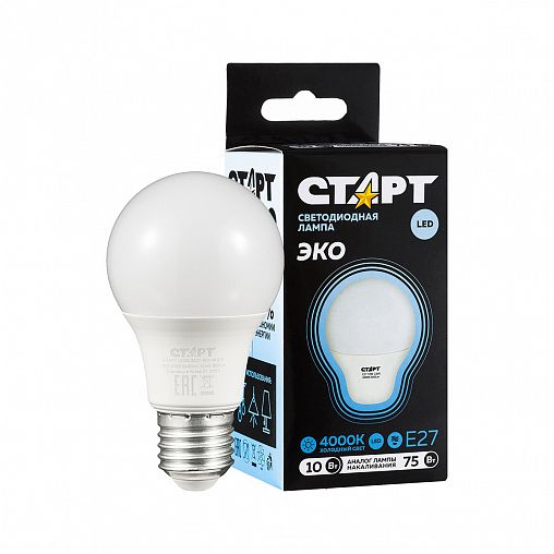 Лампа светодиодная LED Старт ECO Груша, E27, 10 Вт, 4000 K, холодный свет фото