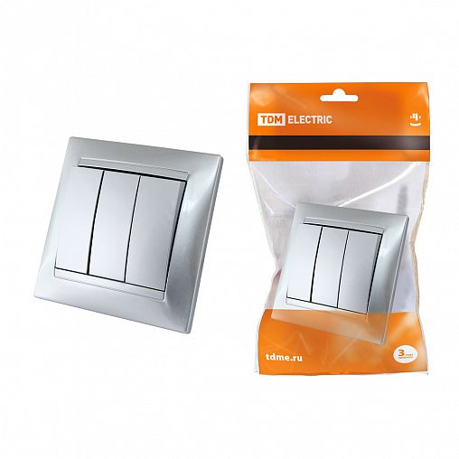 Выключатель трехклавишный встраиваемый Tdm Electric Лама, 10 А, серебряный металлик фото