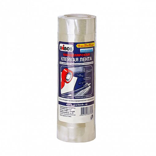 Скотч канцелярский Unibob, 19 мм x 25 м, прозрачный, 8 шт фото