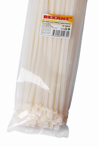 Хомут-стяжка Rexant, нейлон, 7,6 x 450 мм, 100 шт, белый фото